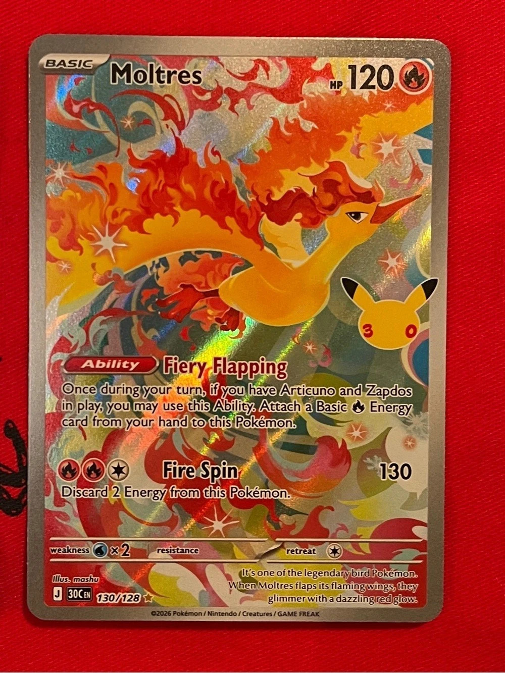 Pokémon Moltres 130/128 - 30th Celebration Illustration Rare Trading Card